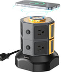 Power Strip Tower With 15W Magnetic Wireless Charger On Top, 6.5Ft Retractable Cord, 1050J Surge Protector with phone charging