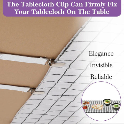 5 Pack Adjustable Elastic Tablecloth Clips With Covert Straps No Tools Needed attached to table showing clip detail