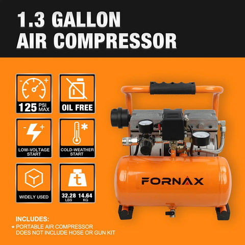 Fornax Ultra Quiet Air Compressor 1.3 Gallon Oil-Free Portable Unit With 1HP Motor And 65dB Silent Operation Ideal For Tire Inflation Nail Gun Garage Projects And Bike Maintenance At Max 125 PSI Power
