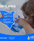 Waterdrop 3-pack replacement water filter for GE Opal Nugget ice maker; banner with Kenya map and Water Project branding