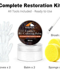 White Leather Repair Kit And Recoloring Balm Dye For Scratches, Fading, And Wear shown with gloves, brush, and sponges.