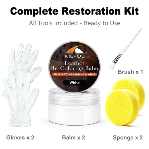 White Leather Repair Kit And Recoloring Balm Dye For Scratches, Fading, And Wear shown with gloves, brush, and sponges.