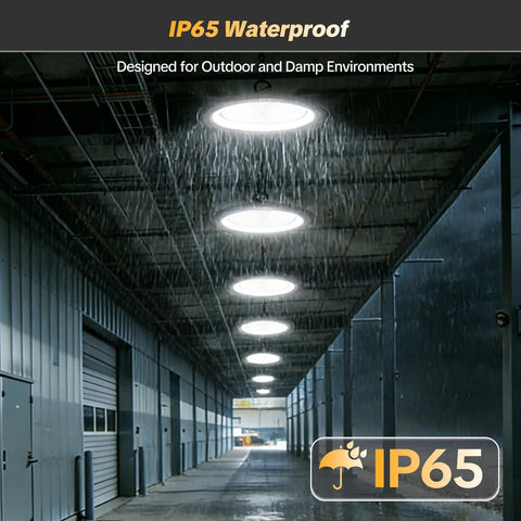 400W UFO LED High Bay Light with 60,000 Lumens Industrial Shop Lighting IP65 Waterproof in a damp warehouse environment