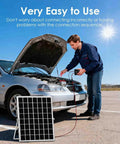 Person using Pro Grade Solar Powered Battery Charger Trickle Maintainer 20W 12V MPPT Panel Kit on car with hood open