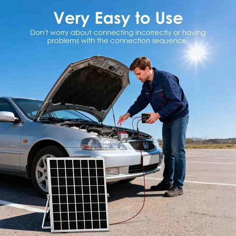 Person using Pro Grade Solar Powered Battery Charger Trickle Maintainer 20W 12V MPPT Panel Kit on car with hood open
