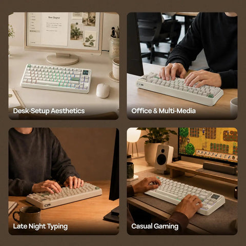 Slick Retro Wireless Mechanical Keyboard Featuring Hot Swap Switches And Compact Display Screen For Epic Gamer Desk Setup With Dope Typing Feel Rad Fern Green Color Palette Cool Workspace Essential, used in modern office and casual gaming.