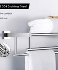 Wall-mounted SUS304 stainless steel towel rack with dual bars and 20 inch shelf, holds folded towels, anti-rust design