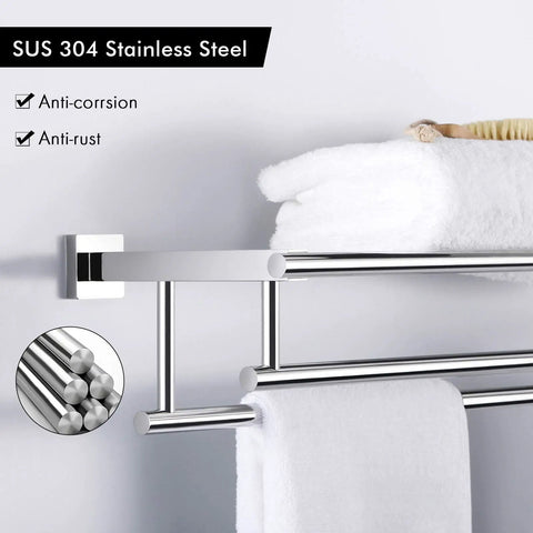 Big Stainless Steel Towel Rack And Shelf With Two Bars, 29.37 Inch Wall Mount Shower Organizer, close-up of polished finish