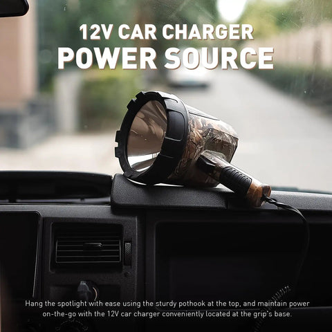 Hunting Spotlight 1500 Lumen Camouflage Handheld Corded 12V Spotlight With Realtree Xtra on car dashboard with corded power source