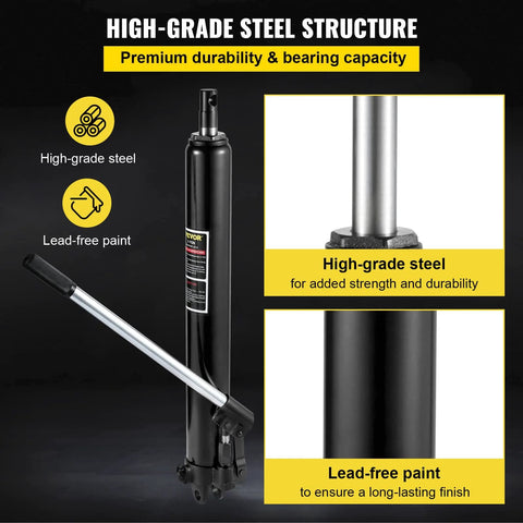 VEVOR hydraulic long ram jack, front view; black steel body with chrome handle, 3-ton capacity