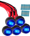 Five Pack 12V Round Waterproof Rocker Switches With Blue LED On Off SPST 3 Pin 20cm Detachable Wires Durable Marine Grade Car Boat RV Power Control Switches for easy install and long lasting performance.