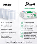 Comparison of cleaning wipes: Others vs. Sleepy Easy Clean, highlighting pack sizes, wipe durability, and usage benefits.