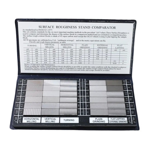 Surface Finish Comparator Set Ra 0.05 To 12.5 Micrometers, 30 hardened steel blocks in open case for roughness checks