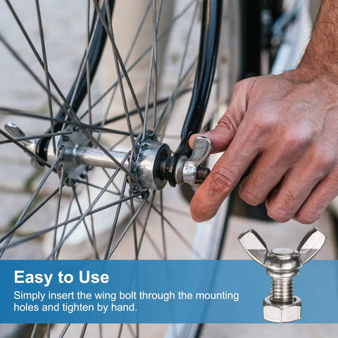 M8 Wing Butterfly Thumb Screws 304 Stainless Steel Bolt Kit with Hex Nuts and Washers Twist by Thumb No Sweat Fix for DIY Electronics Gear Wrench Free Quick Setup Silver used on a bicycle wheel.