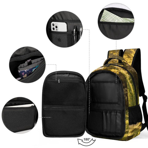 Interior view of Mossy Forest Mushroom Printed Unisex Backpack showing compartments and pockets for organized storage.