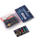 Blink LED Soldering Kit with PCB, components, and battery visible in packaging, promoting hands-on starter electronics project building.