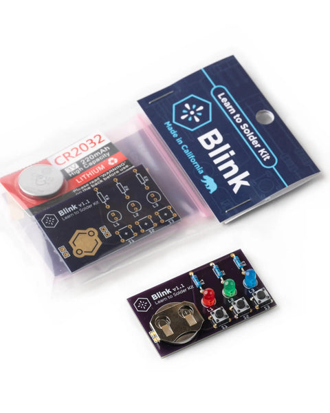 Blink LED Soldering Kit with PCB, components, and battery visible in packaging, promoting hands-on starter electronics project building.