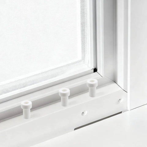 Ten Pack Window Screen Plunger Latch Pins With White Caps Solid Aluminum Five Thirty Two By One Point Five Inch No Sweat Snap Fit Replacement Bolts Slick Swap For Sliding Patio Doors And Screen Frames Truly Reliable Everyday Fix visible, white caps on aluminum pins in window frame.