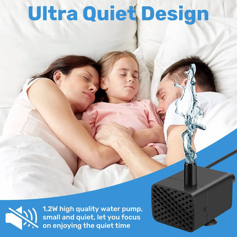 Mini Submersible Pump For Fish Tanks And Fountains Ultra Quiet 5V USB Water Pump showcased with sleeping family.