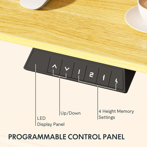 FLEXISPOT En1 Electric Standing Desk, 48 Inch By 24 Inch Maple Finish With Sleek White Frame, programmable control panel with height settings.
