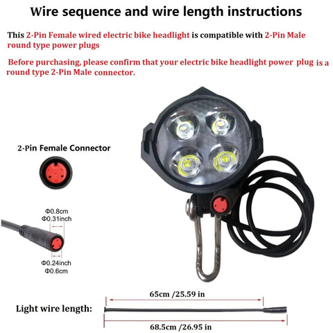 Ultra Bright 12W 300 Lux E Bike Front Headlight With 2 Pin Waterproof Connector and cable shown on white background