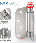 Close-up of Heavy Duty 4 Inch Self Closing Door Hinges 2 Pack showing adjustable spring tension and satin nickel finish.