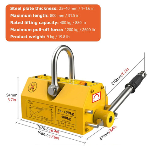 Heavy Duty Steel Adjustable Manhole Cover Hoist With 400 Lb Lift Capacity Ergonomic Handle 360 Degree Rotating Hook close-up dimensions