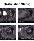 Installation steps for Gas Cap Replacement GS3L-42-250B showing removal, installation, buckling, and completion.