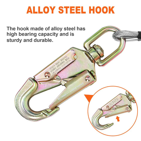 Steel Core Flip Line For Tree Climbing With Half Inch By Eight Foot Wire Rope Heavy Duty Triple Lock Carabiner Adjuster Steel Swivel Snap Fall Protection Gear For Arborists And Tree Climbers 20 kN Breaking Strength with alloy steel hook in focus.