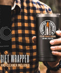 Man holding Space Themed 20oz Stainless Steel Tumbler With Lid, Double Wall Vacuum Insulated Travel Coffee Mug For Men, Hilarious It's Not Rocket Science Oh Wait Yes It Is Quote With Rocket Launch Logo Gift outside.