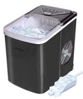 Compact Countertop Ice Maker With Fast Ice Production Delivers 26 Lbs Of Ice Per Day For Your Home Bar Kitchen Dorm Office On Demand In A Sleek Black Stainless Finish, showing an ice scoop with ice cubes