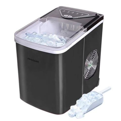 Compact Countertop Ice Maker With Fast Ice Production Delivers 26 Lbs Of Ice Per Day For Your Home Bar Kitchen Dorm Office On Demand In A Sleek Black Stainless Finish, showing an ice scoop with ice cubes