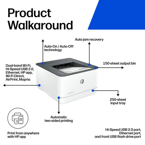 Wireless Black And White Office Printer For Small Teams With Auto Duplex Printing Fast 35 PPM Great For Up To Seven Users Pro Grade Quality For Reports And Documents Reliable LaserJet Style Workhorse shown with features labeled