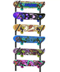 6 Tier Skateboard Wall Mount Rack For Snowboard Longboard And Deck Storage Modular Garage Gear Organizer To Keep Your Ride Stashed Secure And Looking Gnarly with colorful skateboards displayed.