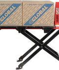 Real Deal Heavy Duty Manual High Lift Skid Jack Truck For Single Faced Pallets With Wide Poly Steer Wheels And Smooth Roll Out 2200 Lb Capacity with two boxes.