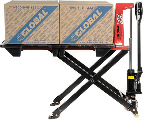Real Deal Heavy Duty Manual High Lift Skid Jack Truck For Single Faced Pallets With Wide Poly Steer Wheels And Smooth Roll Out 2200 Lb Capacity with two boxes.