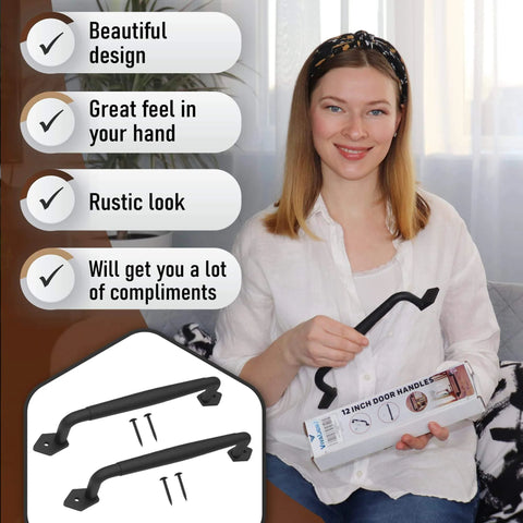 Woman holding Two Pack 12 Inch Diamond Tapered Barn Door Handles Black Cast Iron Pulls For Sliding Doors Gates Sheds Fences Closets