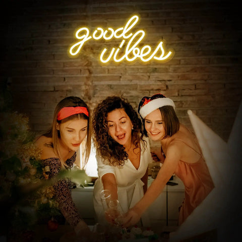 Good Vibes Neon Sign For Bedroom Decor, Warm White LED Neon Lights For Wall Decor, 16 By 8 Inch Accent Light in background