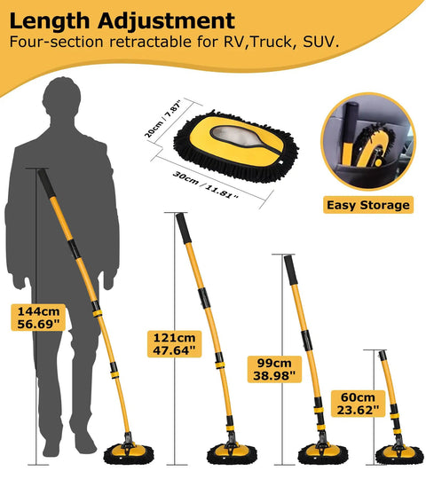 Chenille Microfiber Car Wash Brush Mop Kit With Long Handle And Extension Pole showing adjustable length and scratch-free duster.