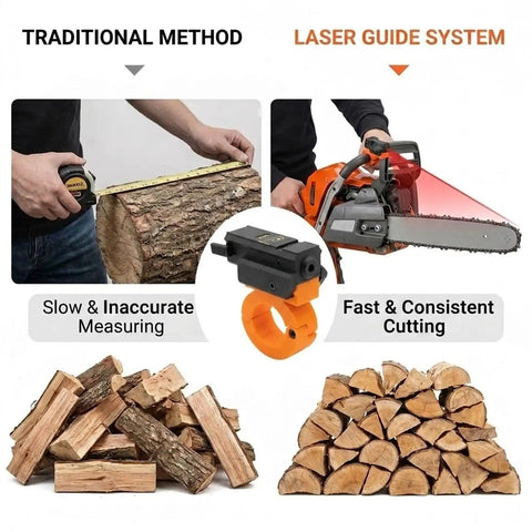 Laser Measuring Tool For Firewood And Chainsaw Work With Adjustable Log Length Guide For Quick Accurate Cuts No Fuss Setup Fewer Rechecks And Time Saving Outdoor Wood Cutting Marker Accessory For Efficient Firewood Prep. orange chainsaw handle mount with laser guide