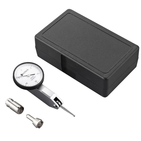 Neoteck dial test indicator in a black storage case; includes two steel dovetail clamps (3/8 in and 5/32 in)