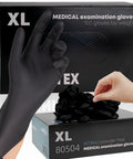 Top Shelf Black Nitrile Disposable Gloves 5 Mil Heavy Duty Textured Grip Powder Free Latex Free For Grunt Work Medical Care Kitchen Cleanup 100 Count X Large with medical box visible.