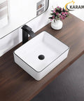 White Rectangle Vessel Sink for Bathroom Above Counter Porcelain Ceramic Basin with Black Rim Edge Modern European Inspired Design 18 Inch Exterior Sleek Small Sink Bowl