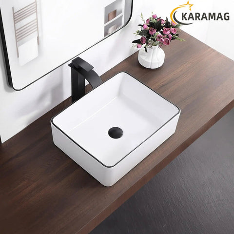 White Rectangle Vessel Sink for Bathroom Above Counter Porcelain Ceramic Basin with Black Rim Edge Modern European Inspired Design 18 Inch Exterior Sleek Small Sink Bowl
