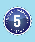 5-year limited warranty badge on a blue background