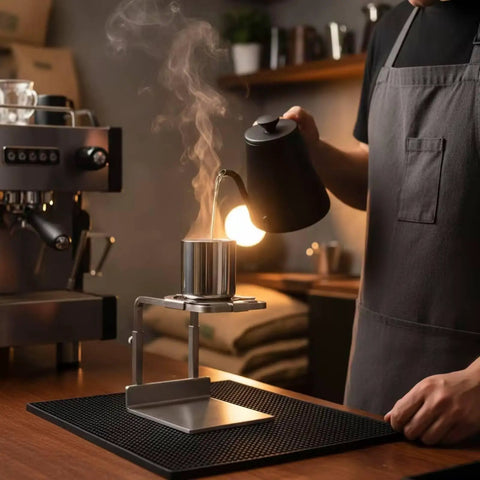 Minimalist Silver Finish Pour Over Coffee Dripper With Solid Metal Base compact setup in use, brewing coffee in stainless steel.