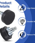 Adjustable One Quarter Inch By Twenty Thread Heavy Duty Furniture Levelers Set Black with features icons for stability, durability, noise reduction.