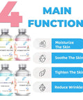 Hydration Packed Oxygen Facial Solution For Anti Aging And Glow Up Xylitol Nutrient Formula with bottles and main functions displayed.