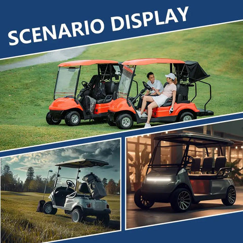 Plug And Play Golf Cart Controller 48V 400A Direct Replacement Easy Diy Install Smooth Speed Control For Star Ev Classic Electric Vehicles Direct Swap 0 To 5K Ohm Throttle Input Roll Like New With Basic Tools Only. Two orange golf carts on green grass with people relaxing.