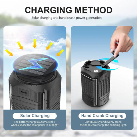 Solar Hand Crank charging methods of Camping Lantern With 5000mAh Solar Hand Crank Telescopic LED Flashlight And USB Charger